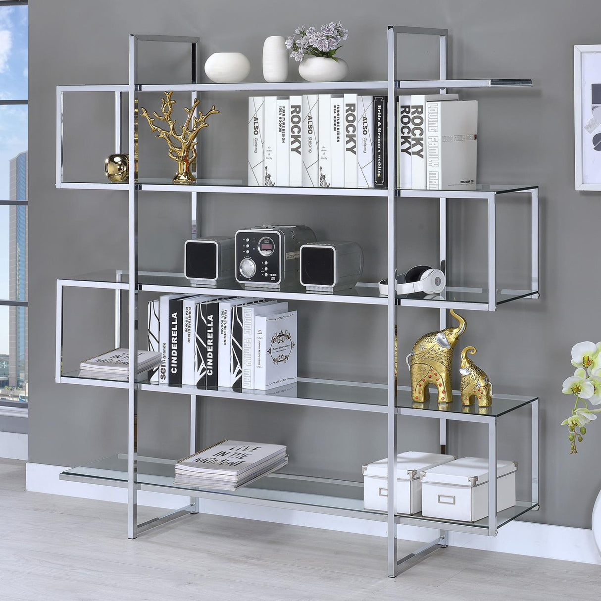 Elmer Clear/Chrome 5-Shelf Bookcase