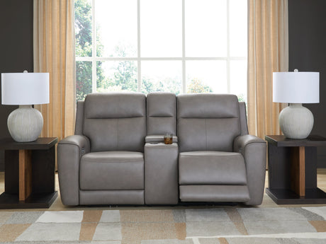5Z-Comfort Coin Dual Power Leather Reclining Loveseat with Console by Ashley at Eve Furniture