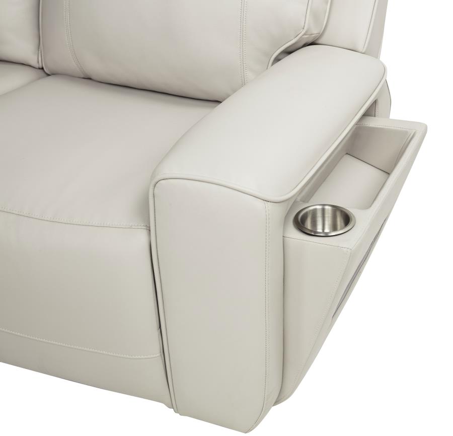 Rojas Greige Dual Power Reclining Sofa with Drop-Down Console by Coaster at Eve Furniture