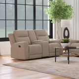Brentwood Taupe Upholstered Motion Reclining Loveseat with Console by Coaster at Eve Furniture