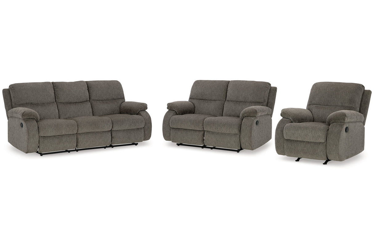 Scranto Brindle Reclining Sofa, Loveseat and Recliner