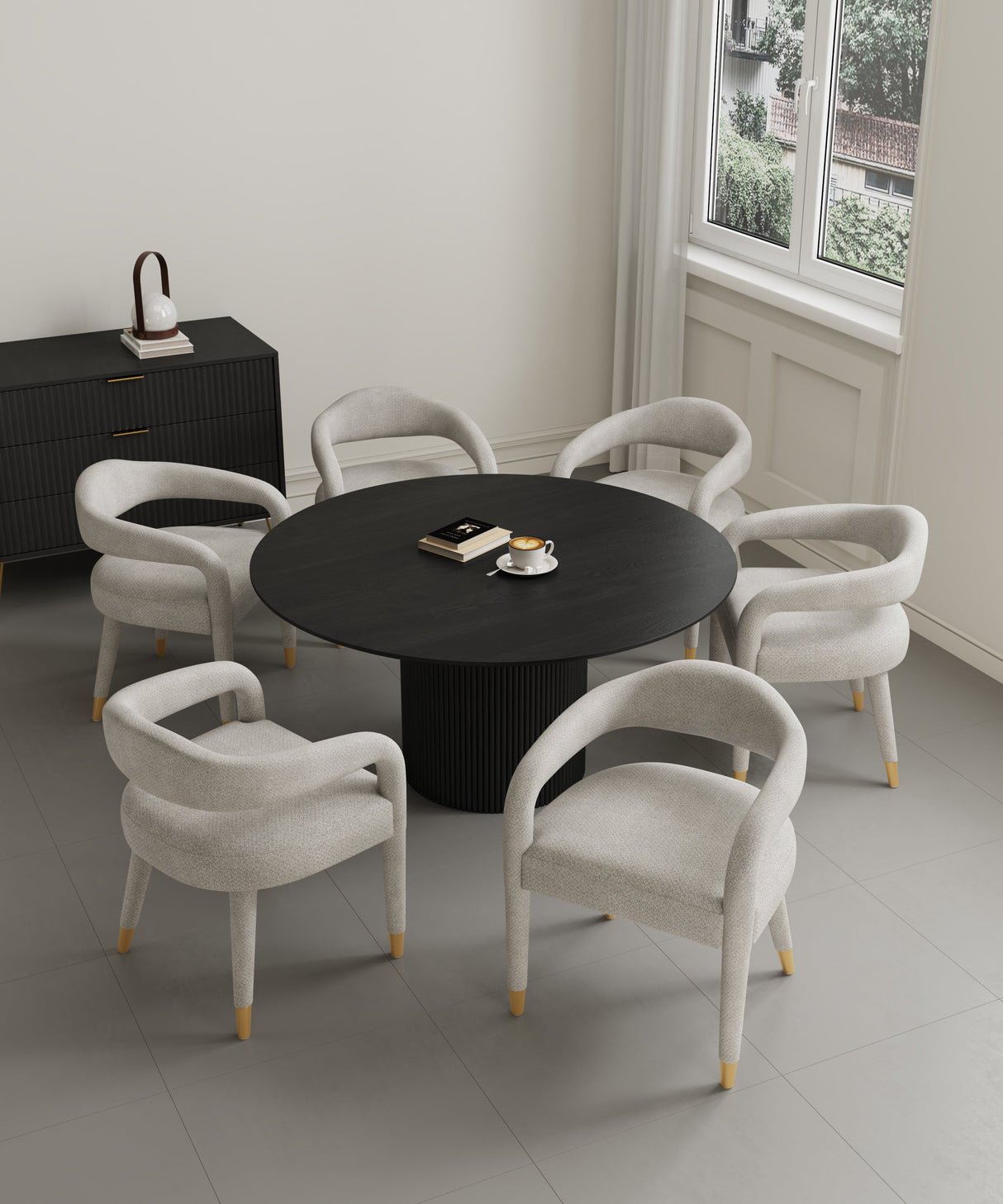 7-Piece Hathaway 59.05 Round Dining Set in Black with 6 Aspen Dining Chairs in Silver Lining by Manhattan Comfort at Eve Furniture
