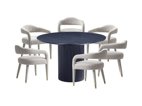 7-Piece Hathaway 59.05 Round Dining Set in Black with 6 Aspen Dining Chairs in Silver Lining by Manhattan Comfort at Eve Furniture
