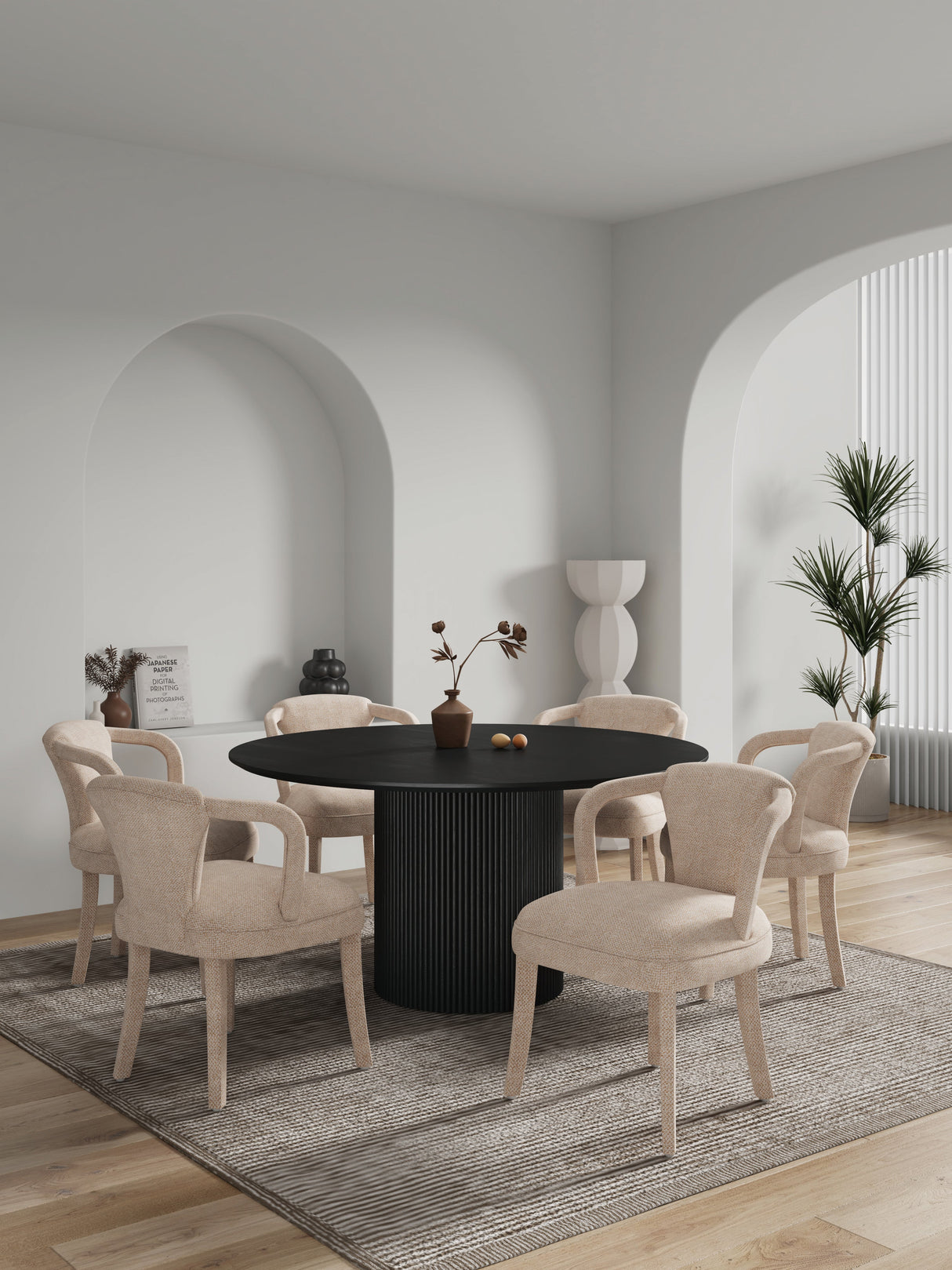 7-Piece Hathaway 59.05 Round Dining Set in Black with 6 Flor Dining Chairs in Grey by Manhattan Comfort at Eve Furniture