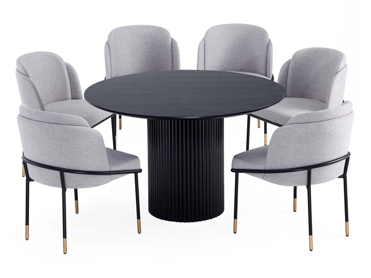 7-Piece Hathaway 59.05 Round Dining Set in Black with 6 Flor Dining Chairs in Grey by Manhattan Comfort at Eve Furniture