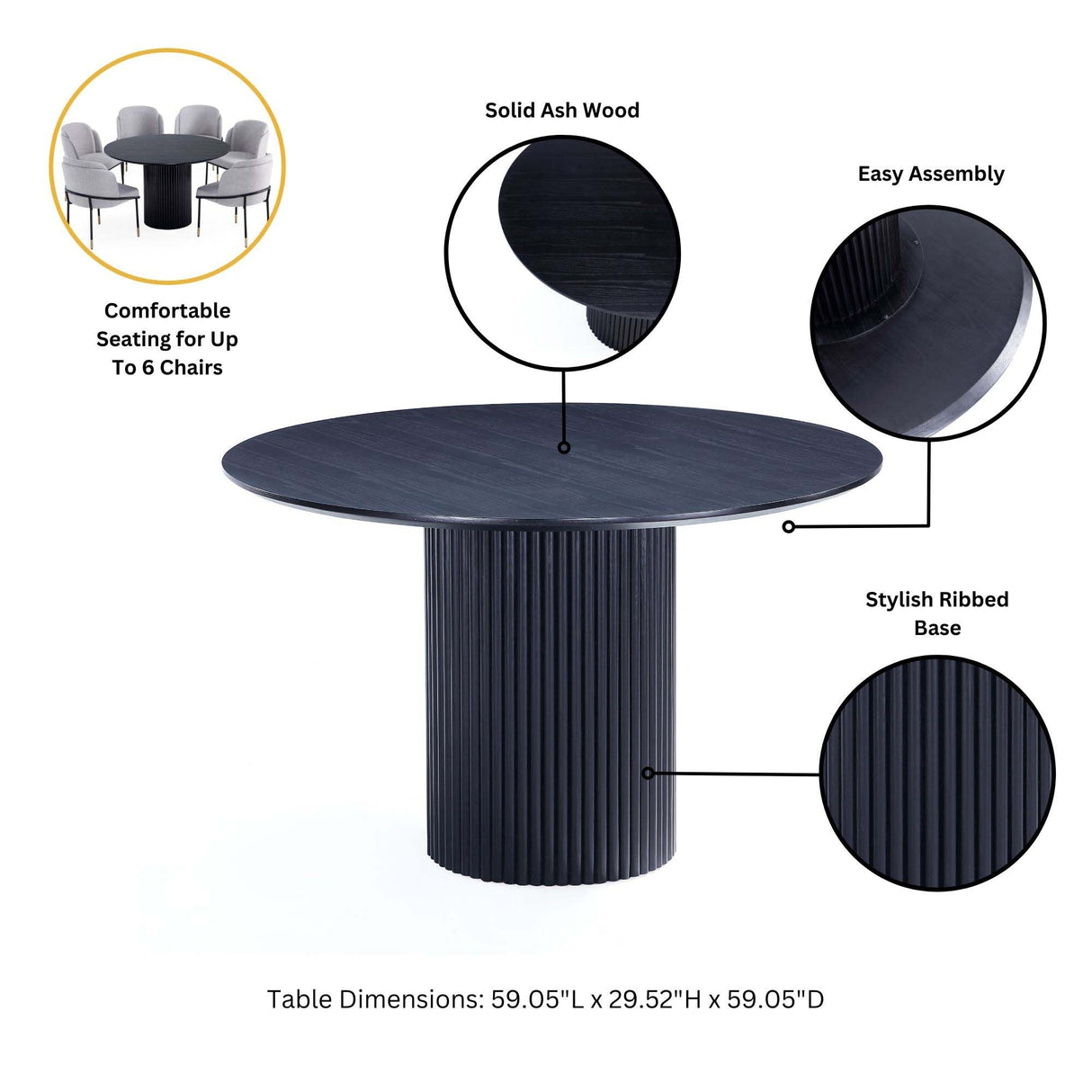 7-Piece Hathaway 59.05 Round Dining Set in Black with 6 Flor Dining Chairs in Silver Lining by Manhattan Comfort at Eve Furniture