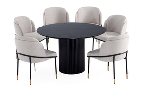 7-Piece Hathaway 59.05 Round Dining Set in Black with 6 Flor Dining Chairs in Wheat by Manhattan Comfort at Eve Furniture