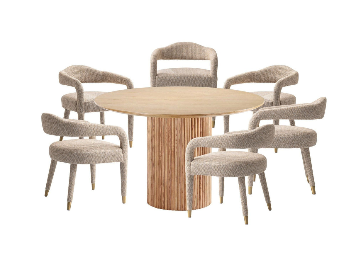 7-Piece Hathaway 59.05 Round Dining Set in Natural with 6 Aspen Dining Chairs in Gold Dust by Manhattan Comfort at Eve Furniture