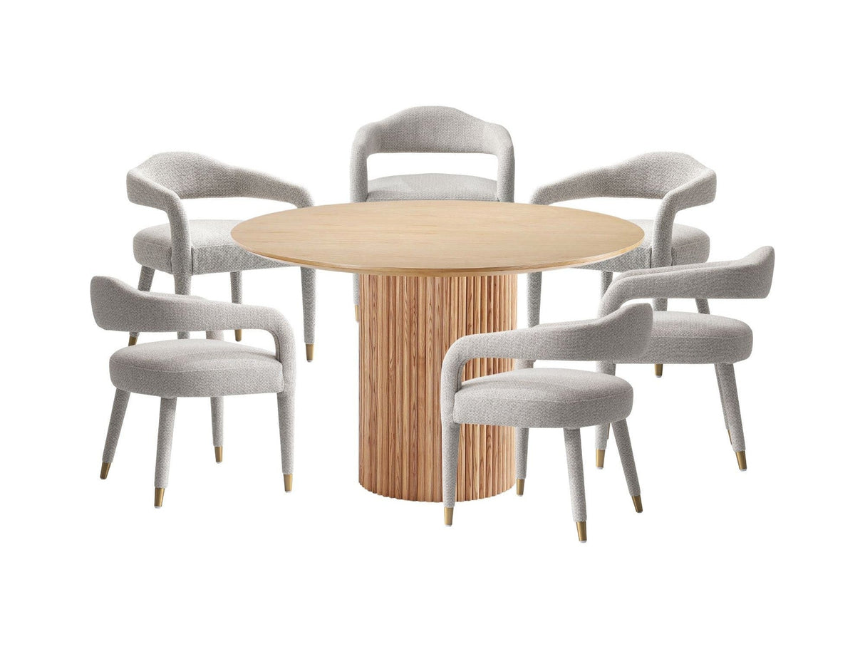 7-Piece Hathaway 59.05 Round Dining Set in Natural with 6 Aspen Dining Chairs in Silver Lining by Manhattan Comfort at Eve Furniture