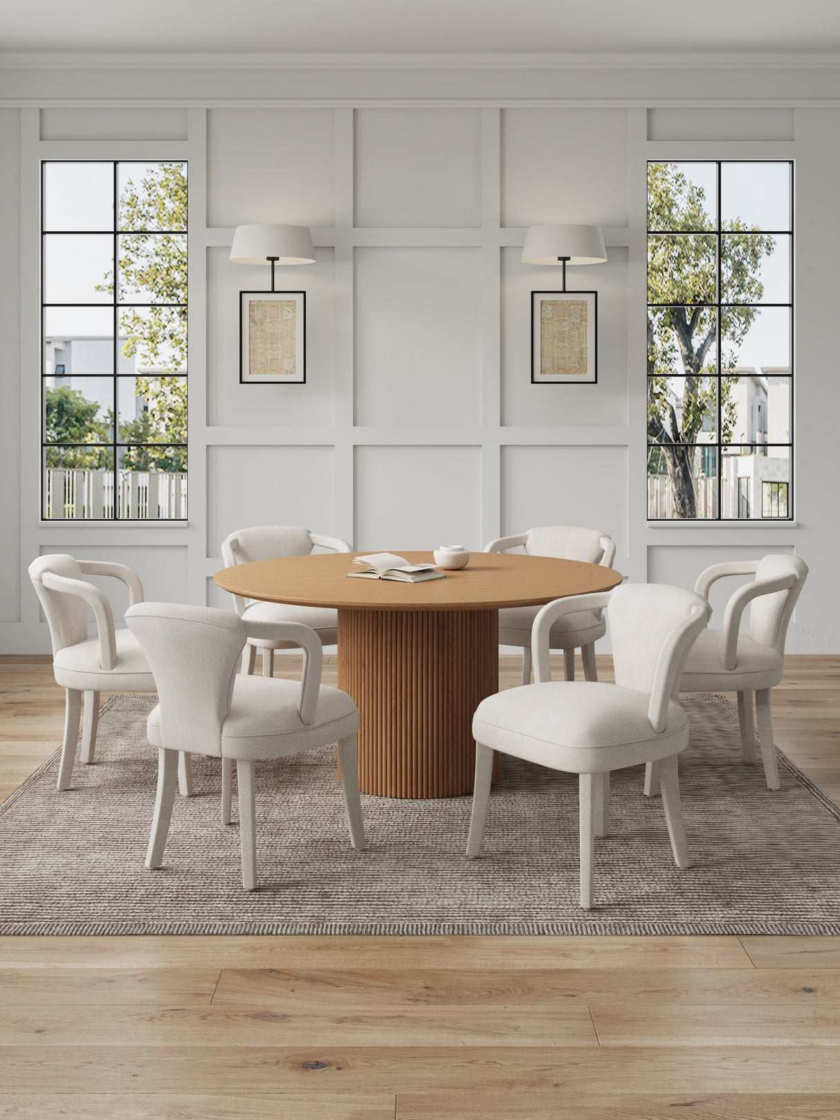 7-Piece Hathaway 59.05 Round Dining Set in Natural with 6 Flor Dining Chairs in Ivory by Manhattan Comfort at Eve Furniture