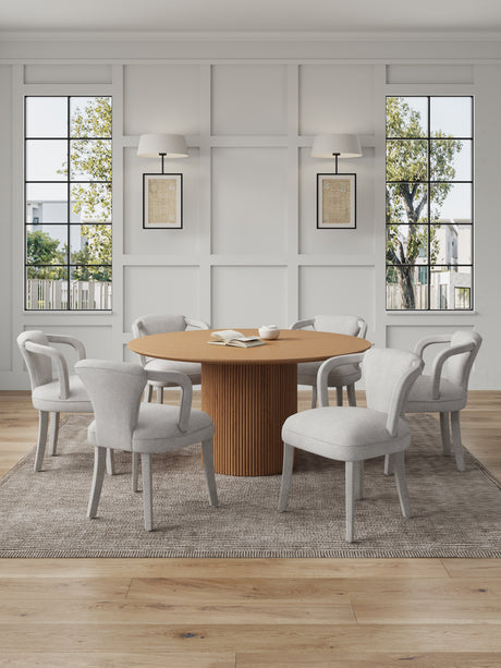 7-Piece Hathaway 59.05 Round Dining Set in Natural with 6 Flor Dining Chairs in Silver Lining by Manhattan Comfort at Eve Furniture