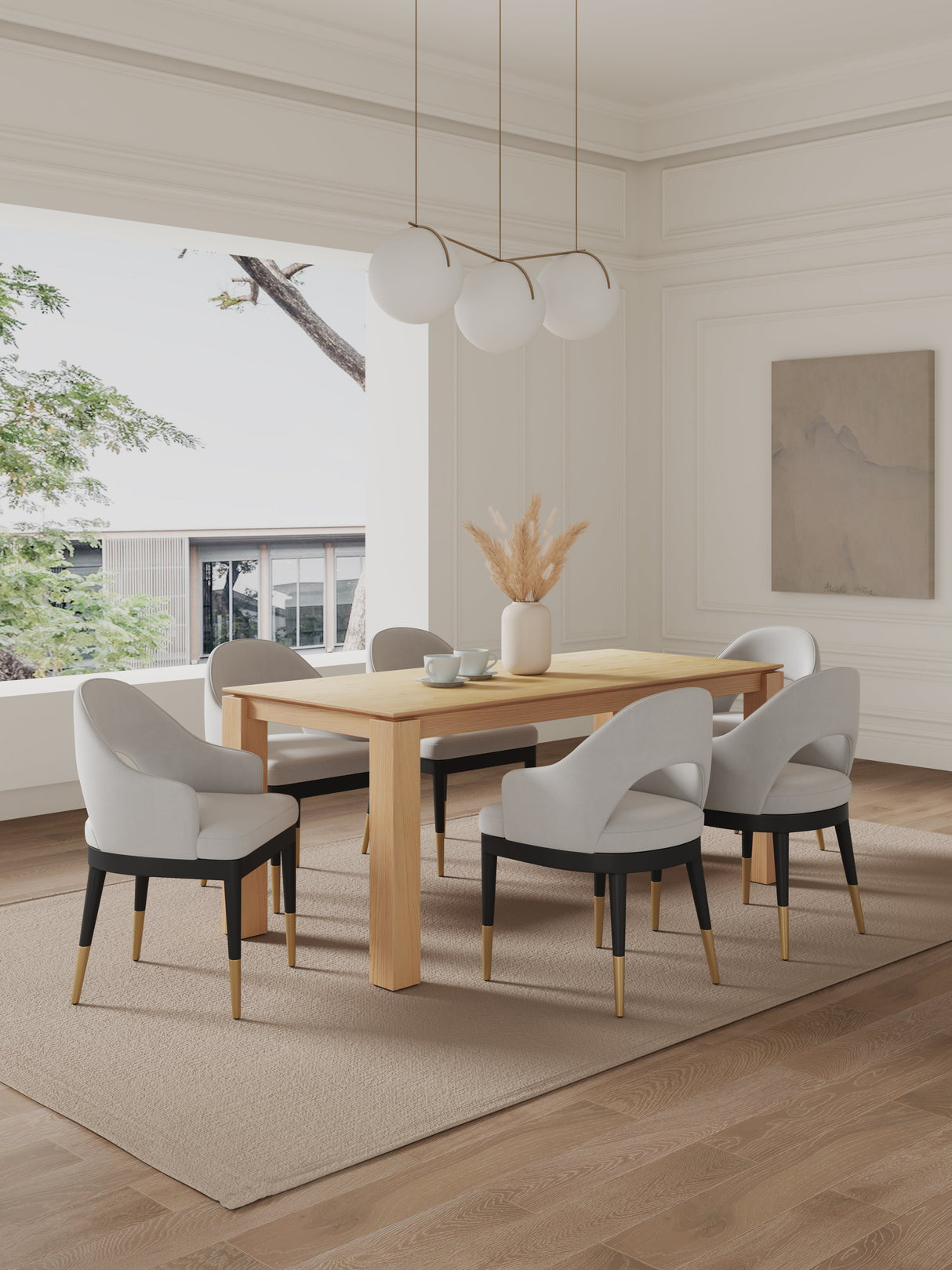 7-Piece Rockaway 70.86 Dining Set with 6 Carrington Chairs in Natural and Light Grey by Manhattan Comfort at Eve Furniture