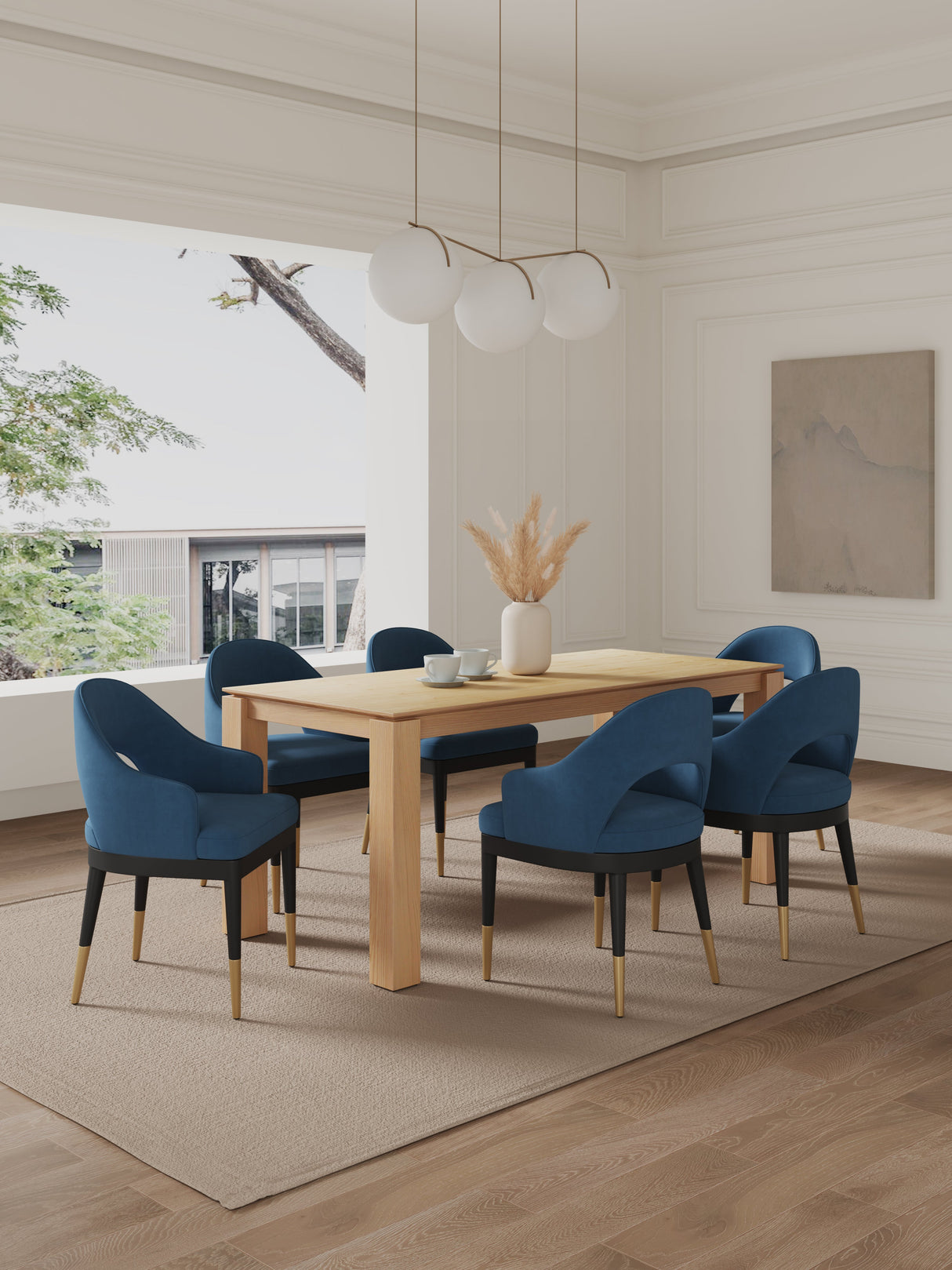 7-Piece Rockaway 70.86 Dining Set with 6 Carrington Chairs in Natural and Midnight Blue by Manhattan Comfort at Eve Furniture