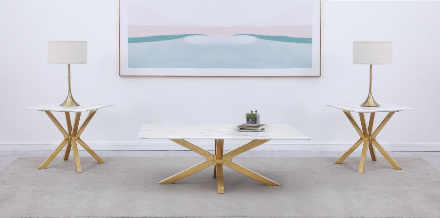 Visalia White and Gold 3-Piece Faux Marble Coffee and End Table Set by Coaster at Eve Furniture