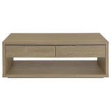 Ingram Latte 2-Drawer Rectangular Coffee Table with Open Shelf by Coaster at Eve Furniture