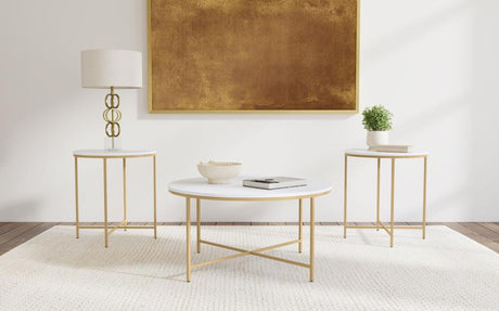 Ellison White and Gold 3-Piece Round Marble Coffee and End Table Set by Coaster at Eve Furniture