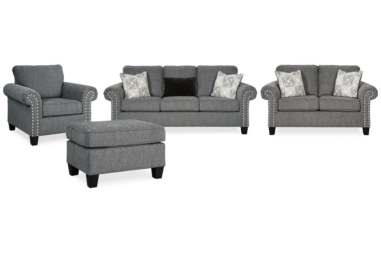 Agleno Charcoal Sofa, Loveseat, Chair and Ottoman