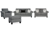 Agleno Charcoal Sofa, Loveseat, Chair and Ottoman