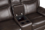 Aram Dark Brown Faux Leather Double Glider Reclining Loveseat with Center Console, Receptacles and USB Ports