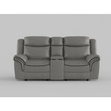 Aram Gray Faux Leather Double Glider Reclining Loveseat with Center Console, Receptacles and USB Ports