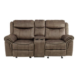 Aram Brown Fabric Double Glider Reclining Loveseat with Center Console, Receptacles and USB Ports