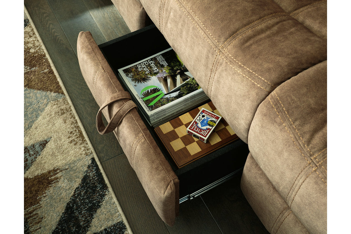 Huddle-Up Nutmeg Reclining Sofa with Drop Down Table