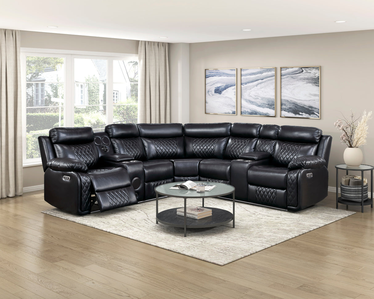 Cipher Black 3-Piece Power Reclining Sectional with Two Consoles, Speakers, Subwoofer, LED Lighting and Charging Port by Homelegance at Eve Furniture