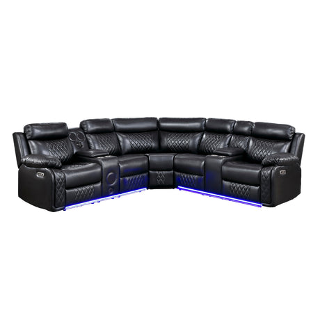 Cipher Black 3-Piece Power Reclining Sectional with Two Consoles, Speakers, Subwoofer, LED Lighting and Charging Port by Homelegance at Eve Furniture