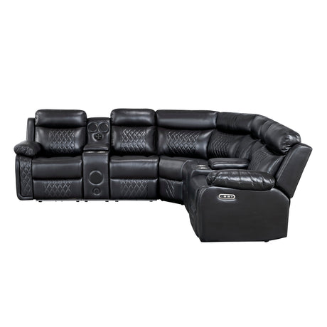 Cipher Black 3-Piece Power Reclining Sectional with Two Consoles, Speakers, Subwoofer, LED Lighting and Charging Port by Homelegance at Eve Furniture