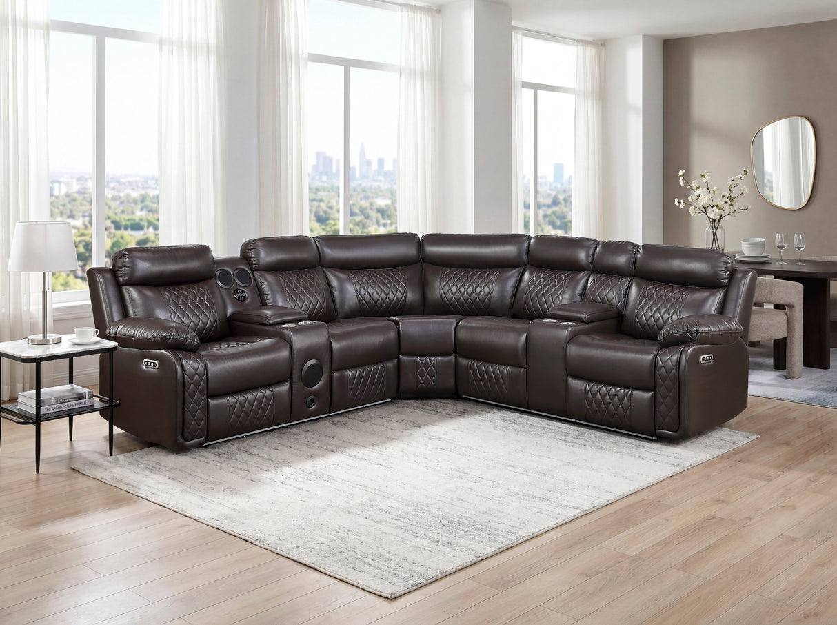 Cipher Dark Brown 3-Piece Power Reclining Sectional with Two Consoles, Speakers, Subwoofer, LED Lighting and Charging Port by Homelegance at Eve Furniture