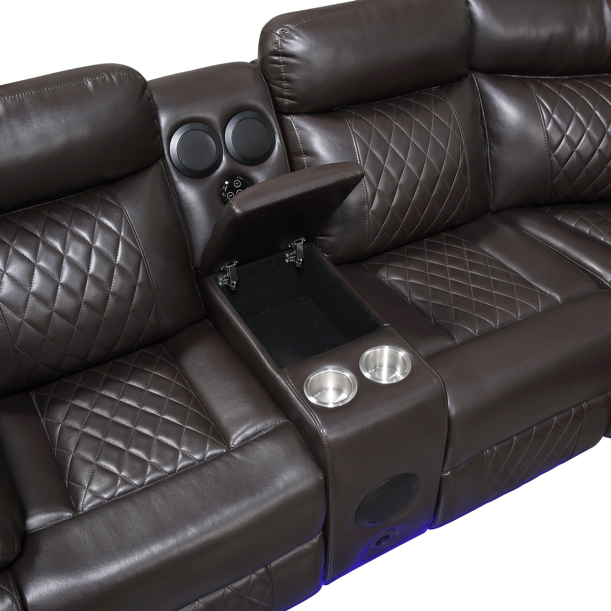 Cipher Dark Brown 3-Piece Power Reclining Sectional with Two Consoles, Speakers, Subwoofer, LED Lighting and Charging Port by Homelegance at Eve Furniture