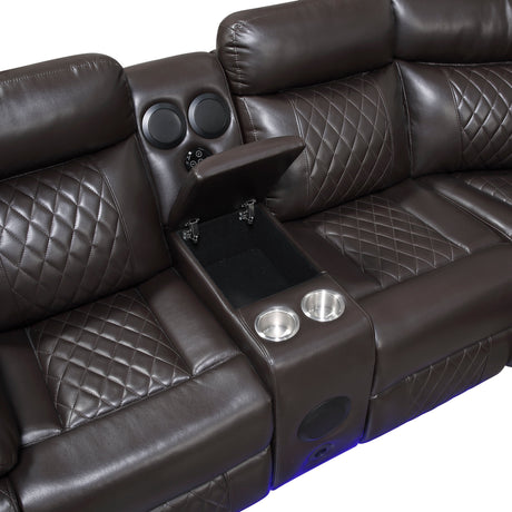 Cipher Dark Brown 3-Piece Power Reclining Sectional with Two Consoles, Speakers, Subwoofer, LED Lighting and Charging Port by Homelegance at Eve Furniture