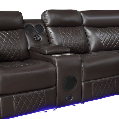 Cipher Dark Brown 3-Piece Power Reclining Sectional with Two Consoles, Speakers, Subwoofer, LED Lighting and Charging Port by Homelegance at Eve Furniture