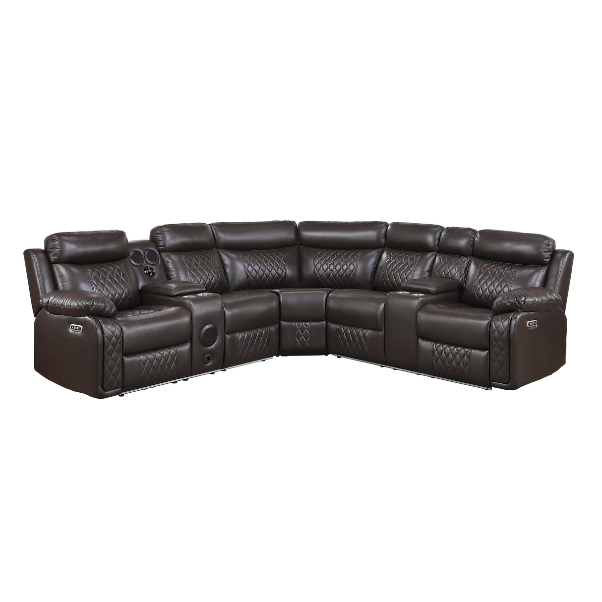 Cipher Dark Brown 3-Piece Power Reclining Sectional with Two Consoles, Speakers, Subwoofer, LED Lighting and Charging Port by Homelegance at Eve Furniture