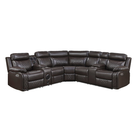 Cipher Dark Brown 3-Piece Power Reclining Sectional with Two Consoles, Speakers, Subwoofer, LED Lighting and Charging Port by Homelegance at Eve Furniture