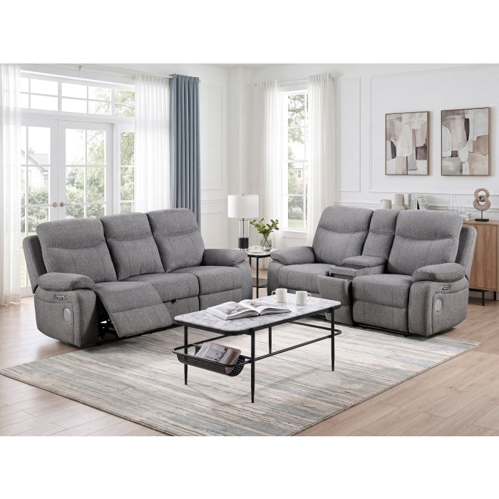 Centric Grey Power Double Reclining Love Seat with Center Console, Power Headrests, Power Lumbar Support, Wireless Charger, Hidden Cup Holders, Bluetooth Speakers and Charging Ports by Homelegance at Eve Furniture