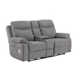 Centric Grey Power Double Reclining Love Seat with Center Console, Power Headrests, Power Lumbar Support, Wireless Charger, Hidden Cup Holders, Bluetooth Speakers and Charging Ports by Homelegance at Eve Furniture