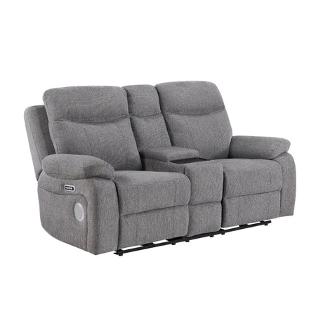 Centric Grey Power Double Reclining Love Seat with Center Console, Power Headrests, Power Lumbar Support, Wireless Charger, Hidden Cup Holders, Bluetooth Speakers and Charging Ports by Homelegance at Eve Furniture
