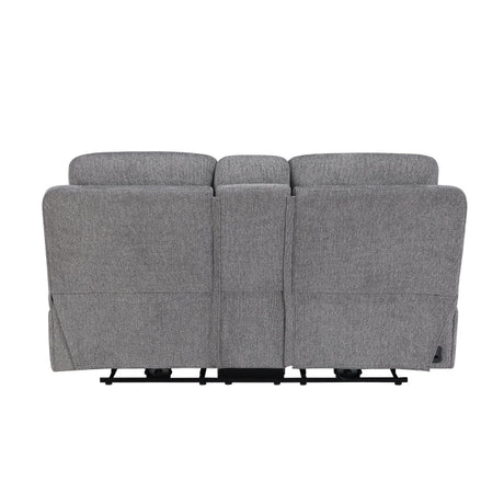 Centric Grey Power Double Reclining Love Seat with Center Console, Power Headrests, Power Lumbar Support, Wireless Charger, Hidden Cup Holders, Bluetooth Speakers and Charging Ports by Homelegance at Eve Furniture
