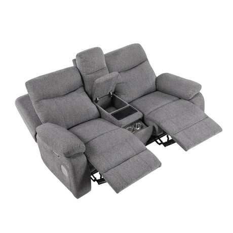 Centric Grey Power Double Reclining Love Seat with Center Console, Power Headrests, Power Lumbar Support, Wireless Charger, Hidden Cup Holders, Bluetooth Speakers and Charging Ports by Homelegance at Eve Furniture