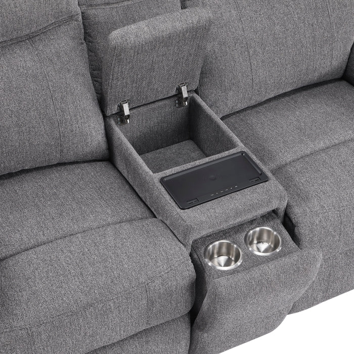Centric Grey Power Double Reclining Love Seat with Center Console, Power Headrests, Power Lumbar Support, Wireless Charger, Hidden Cup Holders, Bluetooth Speakers and Charging Ports by Homelegance at Eve Furniture