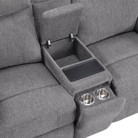 Centric Grey Power Double Reclining Love Seat with Center Console, Power Headrests, Power Lumbar Support, Wireless Charger, Hidden Cup Holders, Bluetooth Speakers and Charging Ports by Homelegance at Eve Furniture