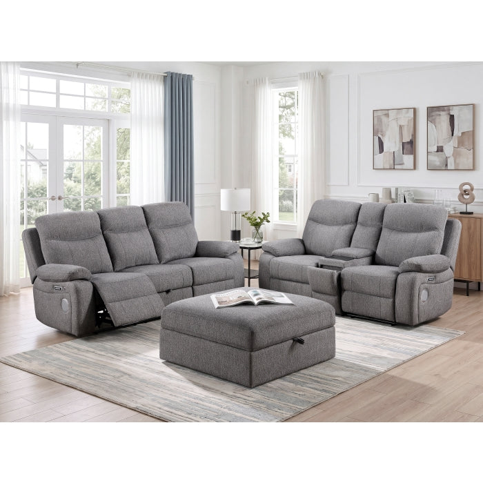 Centric Grey Power Double Reclining Sofa with Center Drop-down Cup Holders, Power Headrests, Power Lumbar Support, Wireless Charger, Bluetooth Speakers, Hidden Drawer and Charging Ports by Homelegance at Eve Furniture