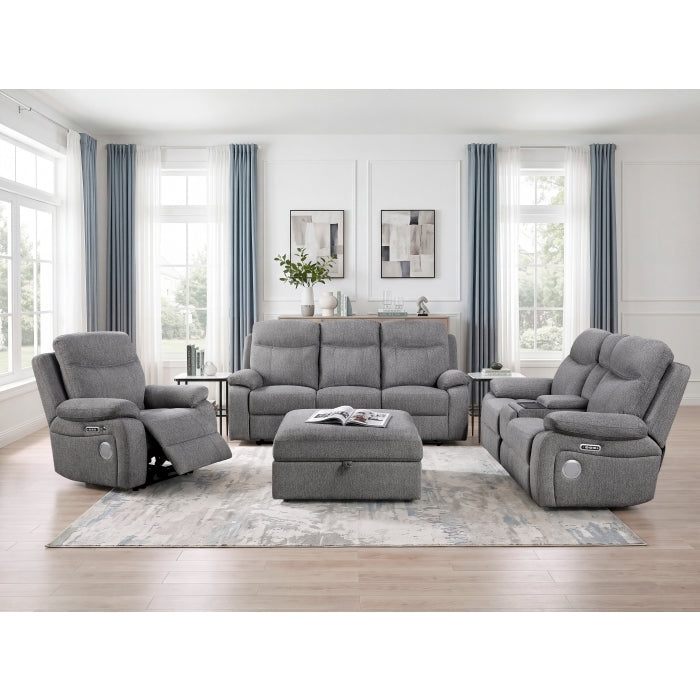 Centric Grey Power Double Reclining Sofa with Center Drop-down Cup Holders, Power Headrests, Power Lumbar Support, Wireless Charger, Bluetooth Speakers, Hidden Drawer and Charging Ports by Homelegance at Eve Furniture