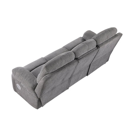 Centric Grey Power Double Reclining Sofa with Center Drop-down Cup Holders, Power Headrests, Power Lumbar Support, Wireless Charger, Bluetooth Speakers, Hidden Drawer and Charging Ports by Homelegance at Eve Furniture