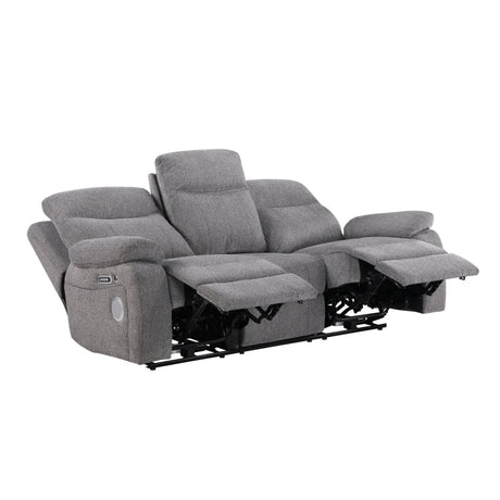 Centric Grey Power Double Reclining Sofa with Center Drop-down Cup Holders, Power Headrests, Power Lumbar Support, Wireless Charger, Bluetooth Speakers, Hidden Drawer and Charging Ports by Homelegance at Eve Furniture