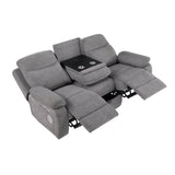Centric Grey Power Double Reclining Sofa with Center Drop-down Cup Holders, Power Headrests, Power Lumbar Support, Wireless Charger, Bluetooth Speakers, Hidden Drawer and Charging Ports by Homelegance at Eve Furniture