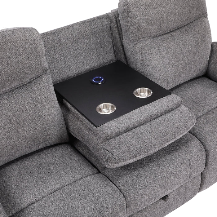 Centric Grey Power Double Reclining Sofa with Center Drop-down Cup Holders, Power Headrests, Power Lumbar Support, Wireless Charger, Bluetooth Speakers, Hidden Drawer and Charging Ports by Homelegance at Eve Furniture