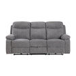 Centric Grey Power Double Reclining Sofa with Center Drop-down Cup Holders, Power Headrests, Power Lumbar Support, Wireless Charger, Bluetooth Speakers, Hidden Drawer and Charging Ports by Homelegance at Eve Furniture