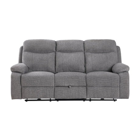 Centric Grey Power Double Reclining Sofa with Center Drop-down Cup Holders, Power Headrests, Power Lumbar Support, Wireless Charger, Bluetooth Speakers, Hidden Drawer and Charging Ports by Homelegance at Eve Furniture